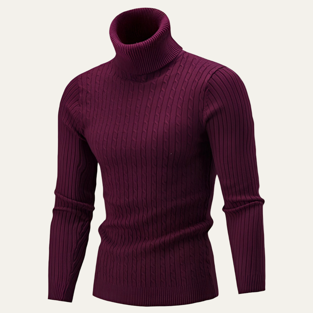 Mens Turtleneck Sweater Ribbed Cable Knit Slim Fit