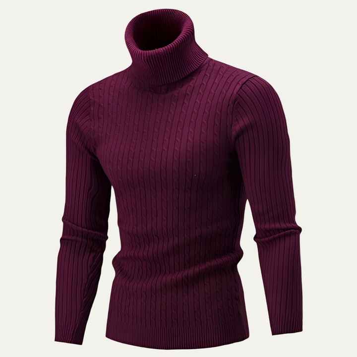 Mens Turtleneck Sweater Ribbed Cable Knit Slim Fit