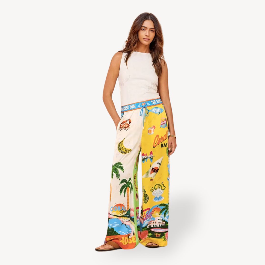 Womens Satin Co-Ord Set Tropical Print Relaxed Fit