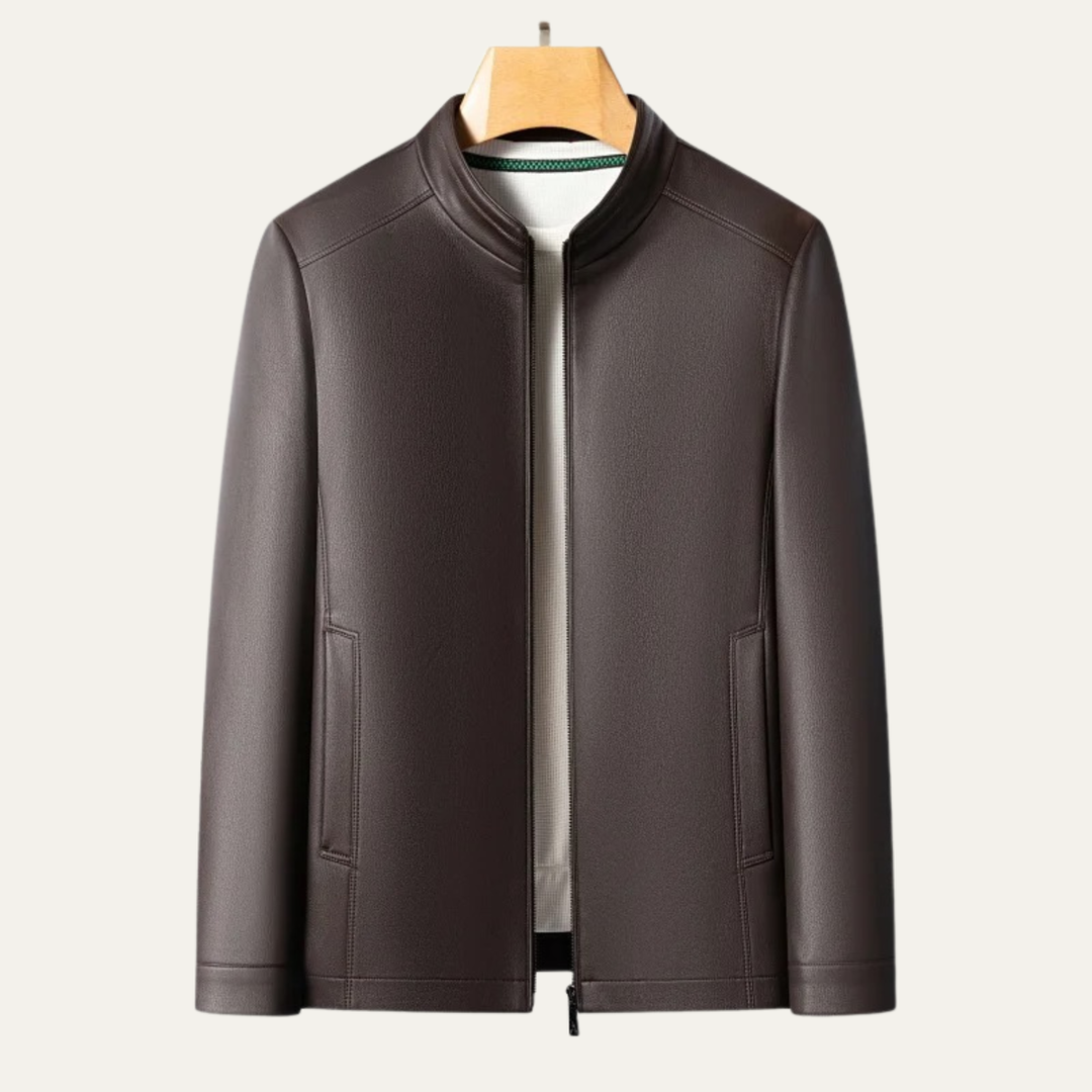 Mens Leather Casual Jacket with Stand Collar
