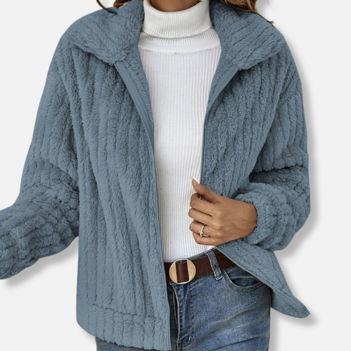 Womens Ribbed Teddy Bomber Jacket Cropped Relaxed Fit
