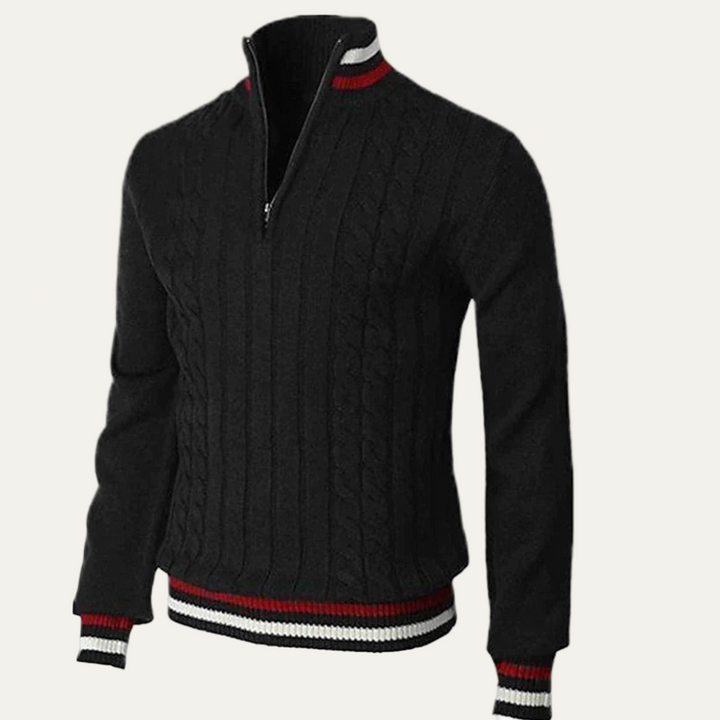 Mens Cable Knit Sweater Mock Neck Zip Front