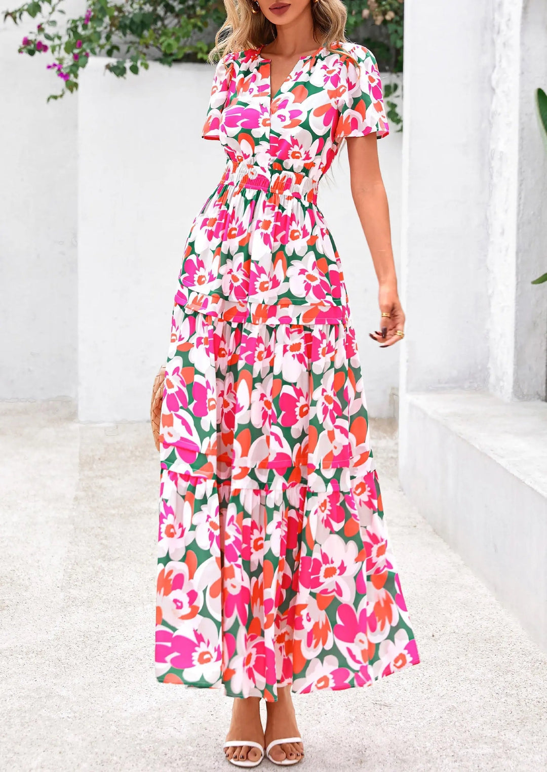 Womens Maxi Dress Floral Boho V-Neck Short Sleeve Flowy A-Line