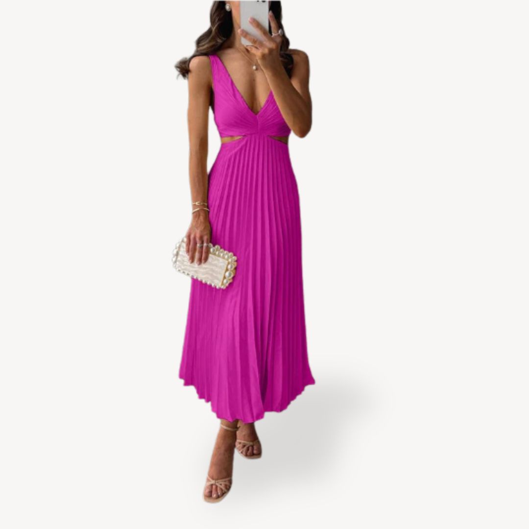 Womens Midi Dress Pleated Cutout Design