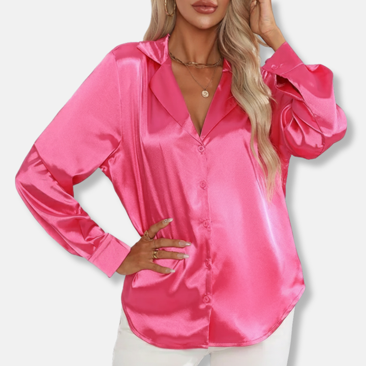 Womens Satin Button-Down Blouse Relaxed Fit Collared