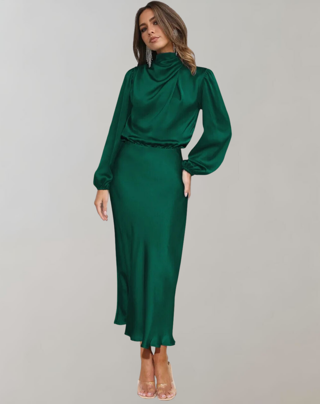 Womens Satin Bodycon Midi Dress Long Sleeve