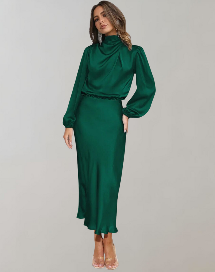 Womens Satin Bodycon Midi Dress Long Sleeve
