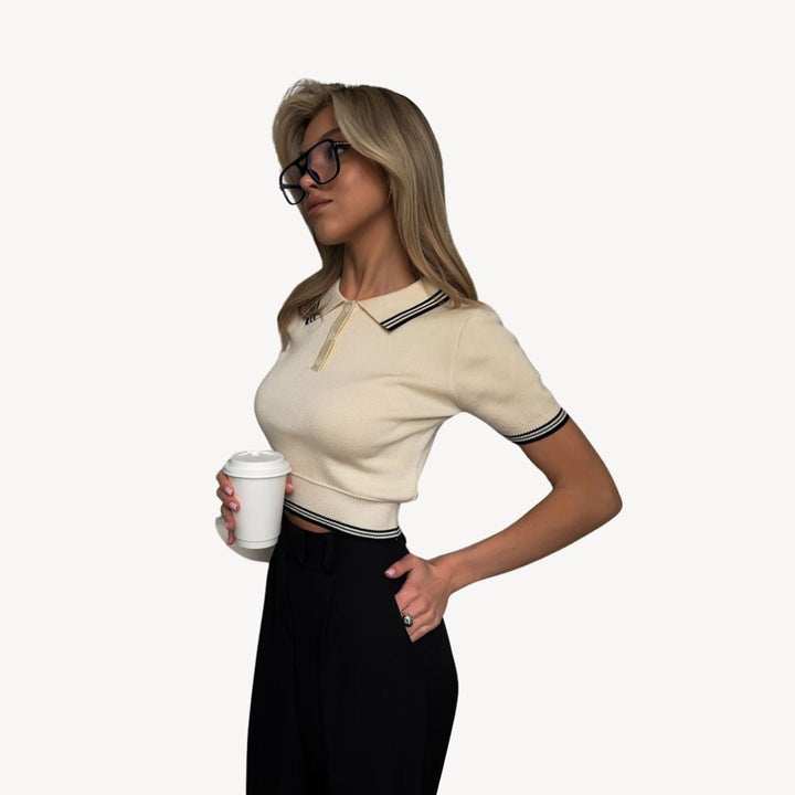 Womens Cropped Polo Knit Shirt Short Sleeve