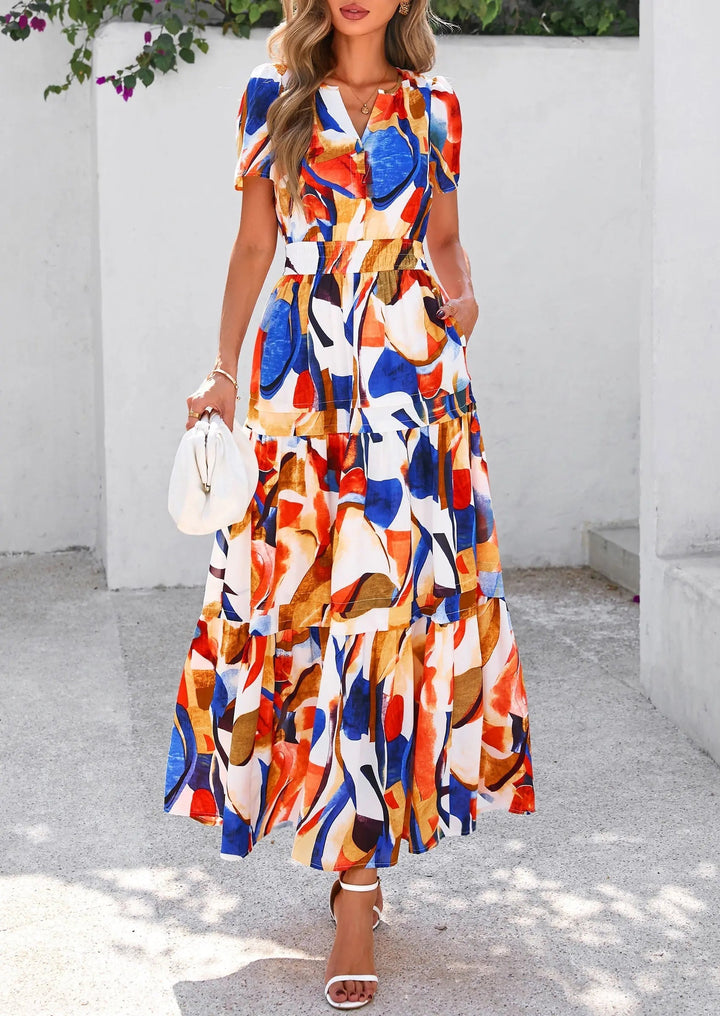 Womens Maxi Dress Floral Boho V-Neck Short Sleeve Flowy A-Line