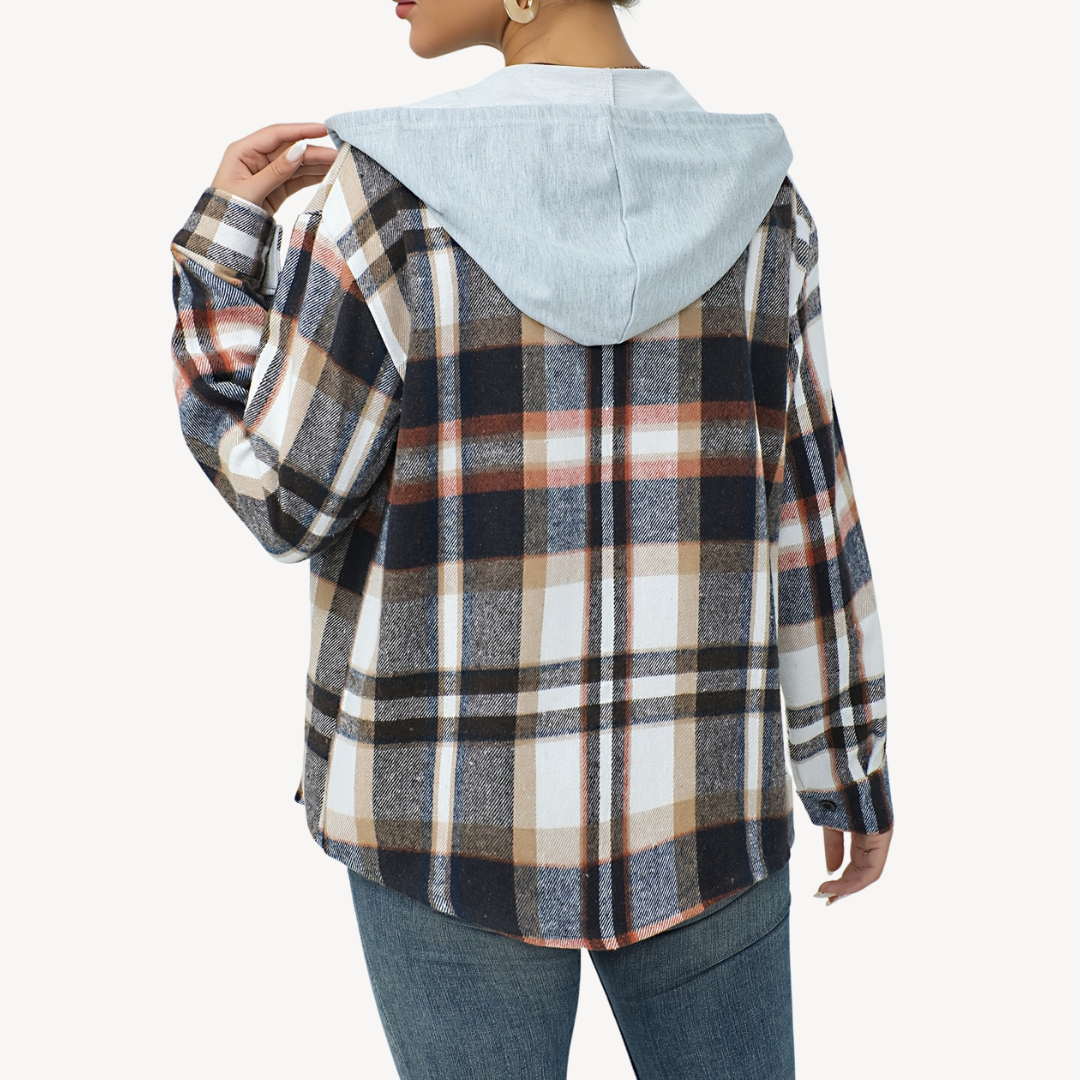 Womens Button-Down Shaket with Hoodie Plaid Pattern
