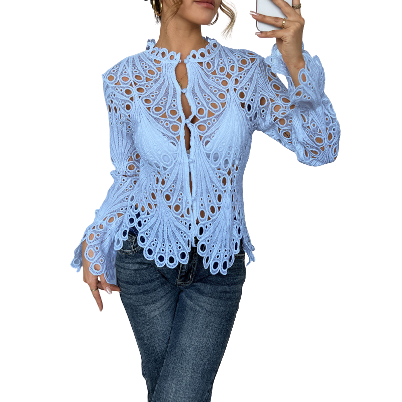 Womens Lace Blouse with Cutwork Long Sleeve Hollow Out