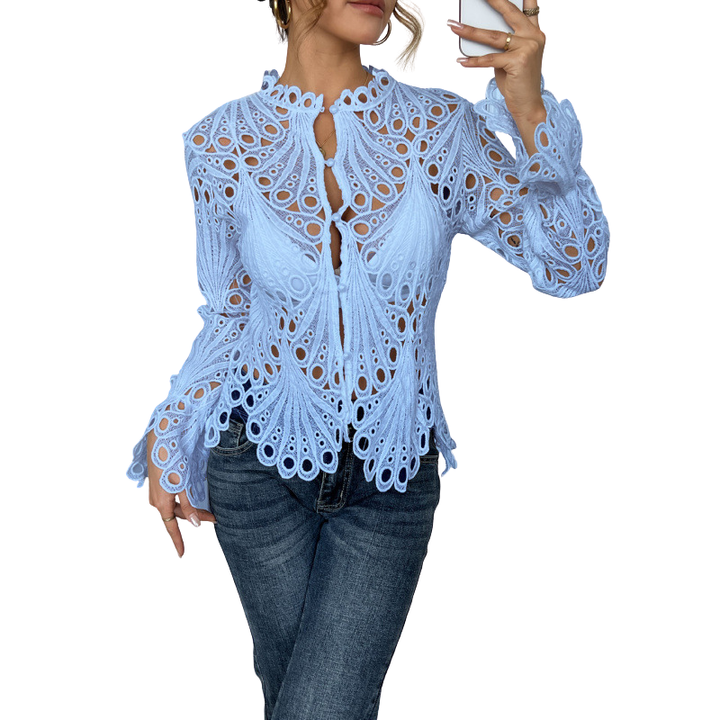 Womens Lace Blouse with Cutwork Long Sleeve Hollow Out