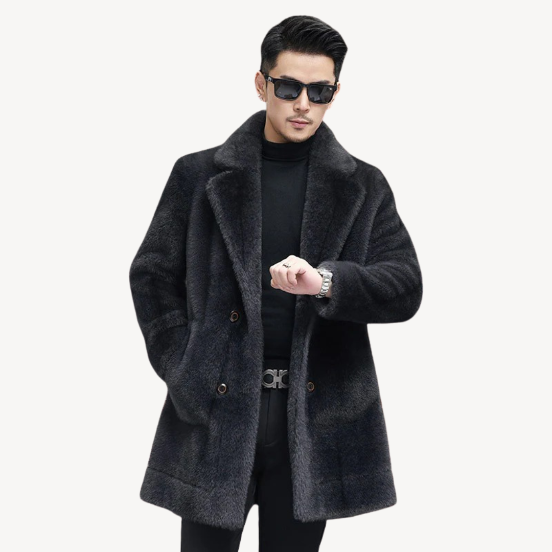 Mens Double-Breasted Overcoat with Faux Fur Collar