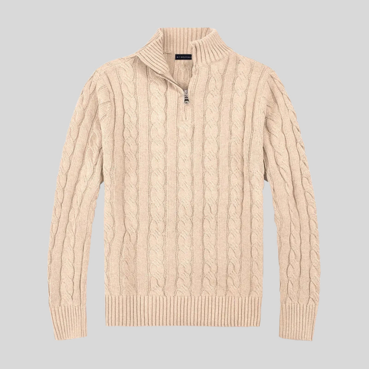 Mens Cable Knit Sweater Mock Neck Quarter Zip