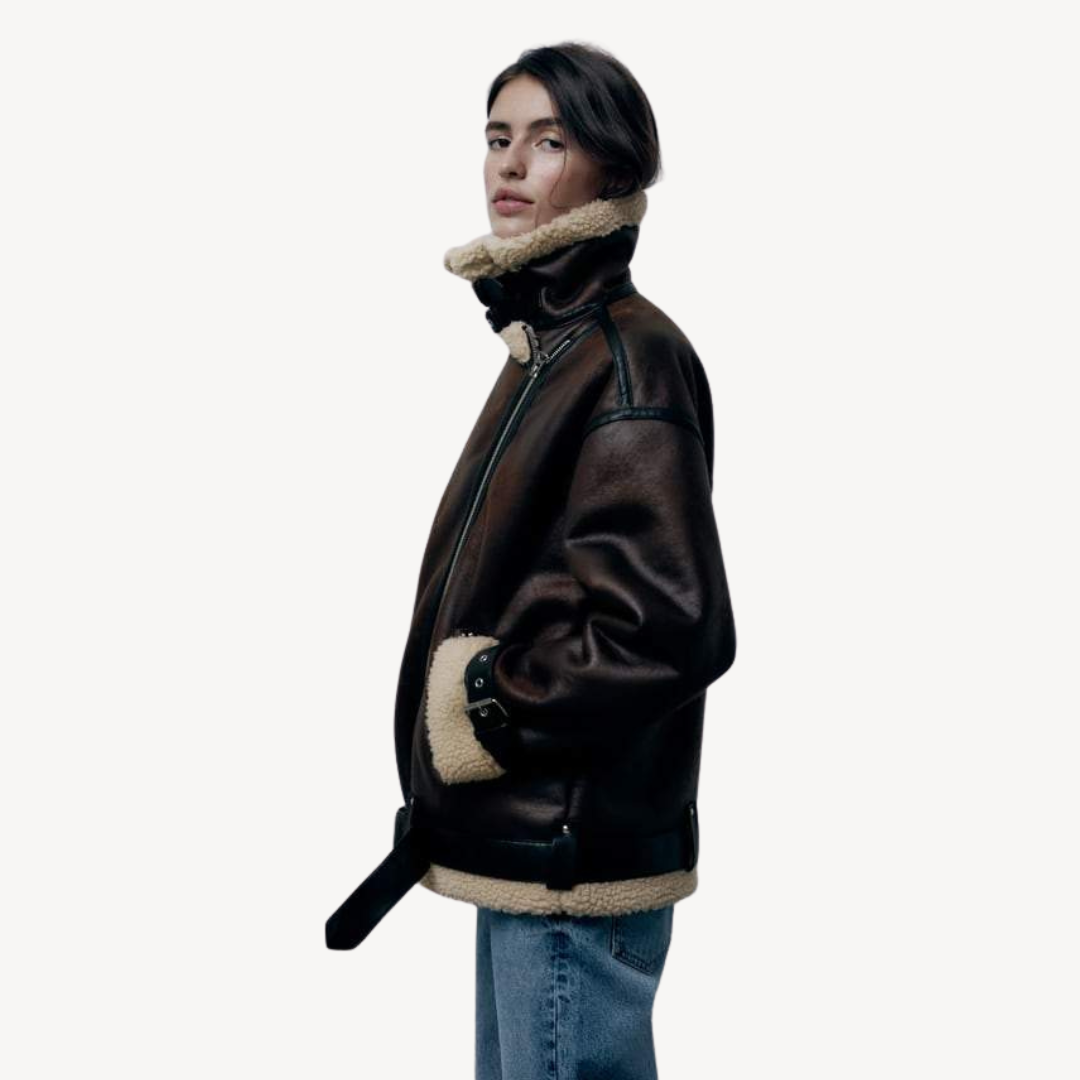 Womens Shearling Biker Jacket Faux Leather Slim Fit