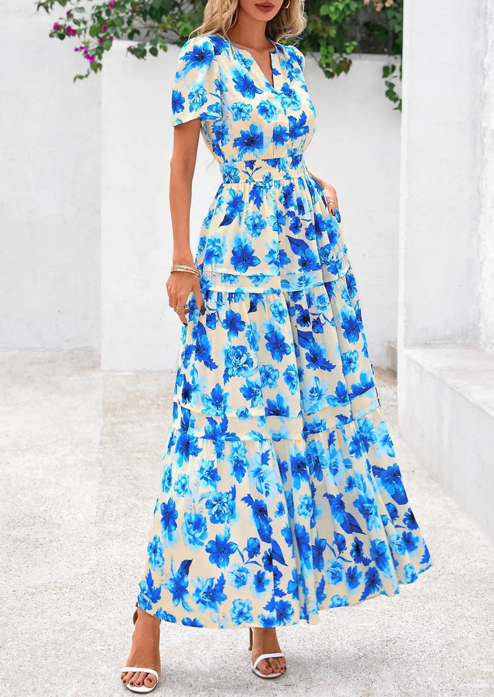 Womens Maxi Dress Floral Boho V-Neck Short Sleeve Flowy A-Line