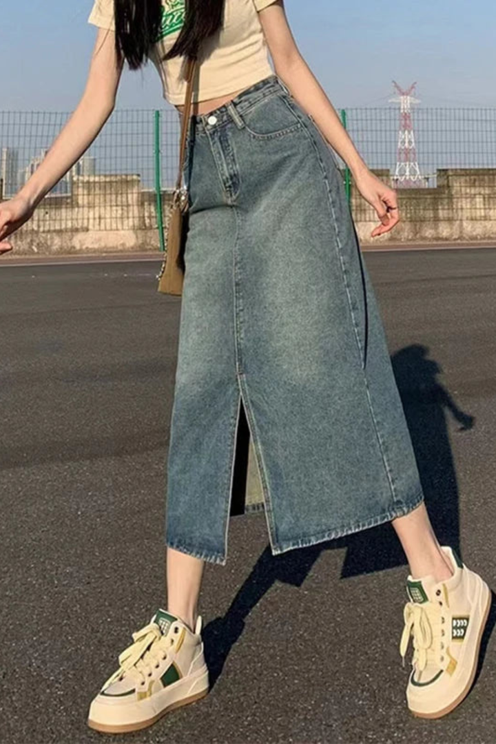Womens Denim Maxi Skirt High Waist A-Line Front Split