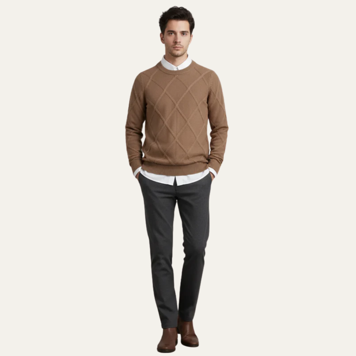 Mens Knit Sweater with Diamond Pattern Round Neck