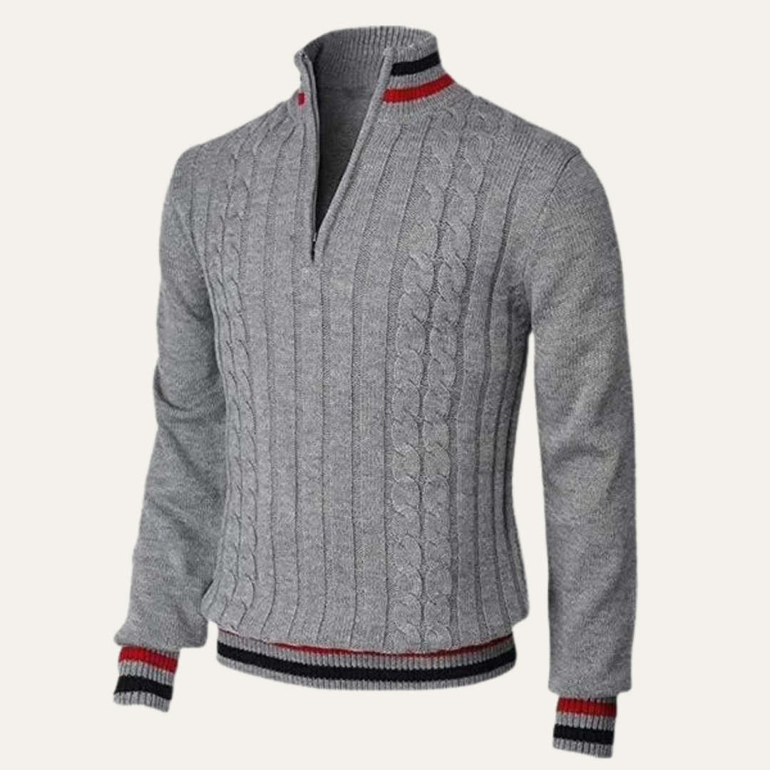 Mens Cable Knit Quarter Zip Sweater Contrast Trim Regular Fit
