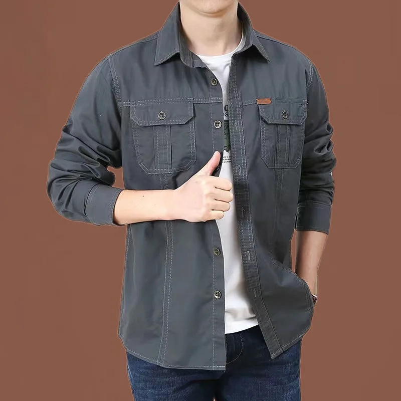 Unisex Work Shirt Cotton Relaxed Fit Long Sleeve with Pockets
