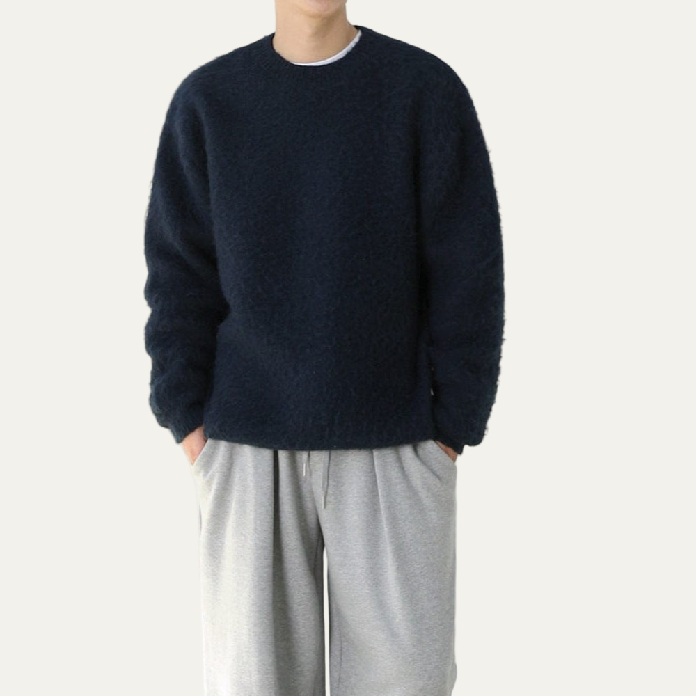 Mens Crew Neck Sweater Fuzzy Relaxed Fit