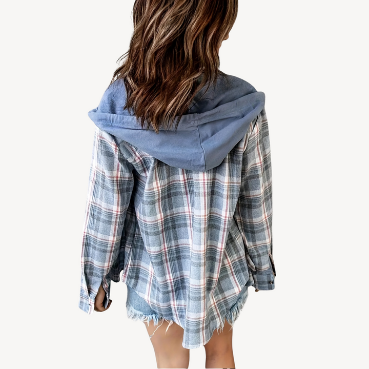 Womens Shirt Jacket Plaid Button-Down with Hood