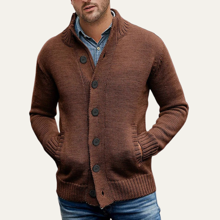 Mens Button Cardigan Chunky Knit Mock Neck
