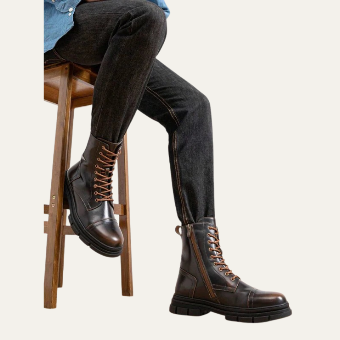 Mens Combat Boots Leather Cap Toe Side Zipper