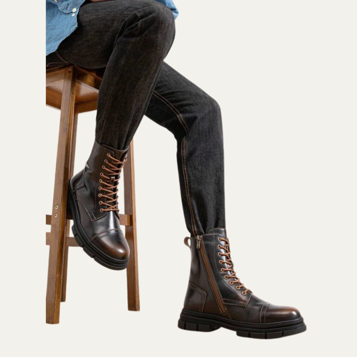 Mens Combat Boots Leather Cap Toe Side Zipper