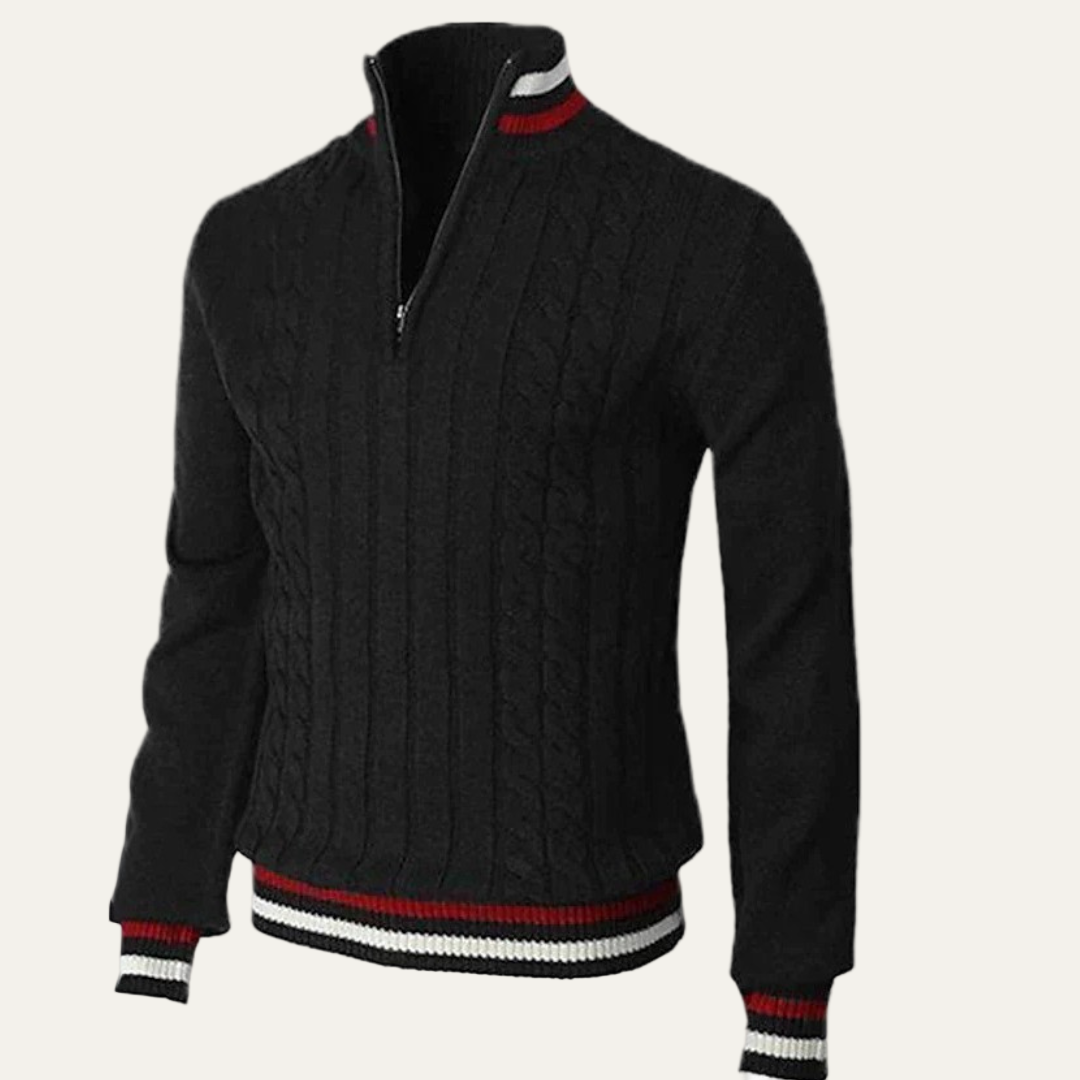 Mens Cable Knit Sweater Mock Neck Zip Front
