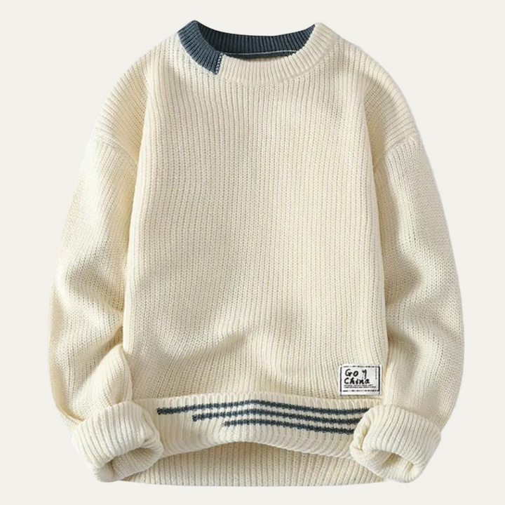 Mens Ribbed Knit Sweater with Stripe Trim