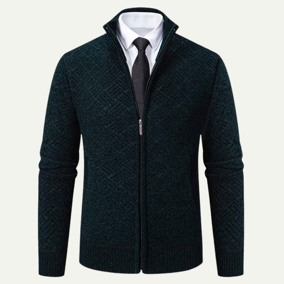 Mens Knit Jacket Diamond Pattern Stand Collar Elegant Fit