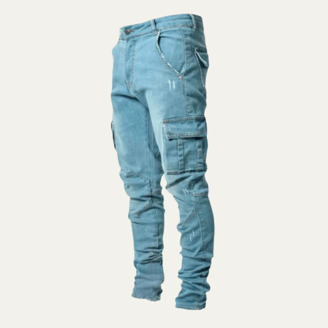 Mens Cargo Pants Denim Stretch Slim Fit