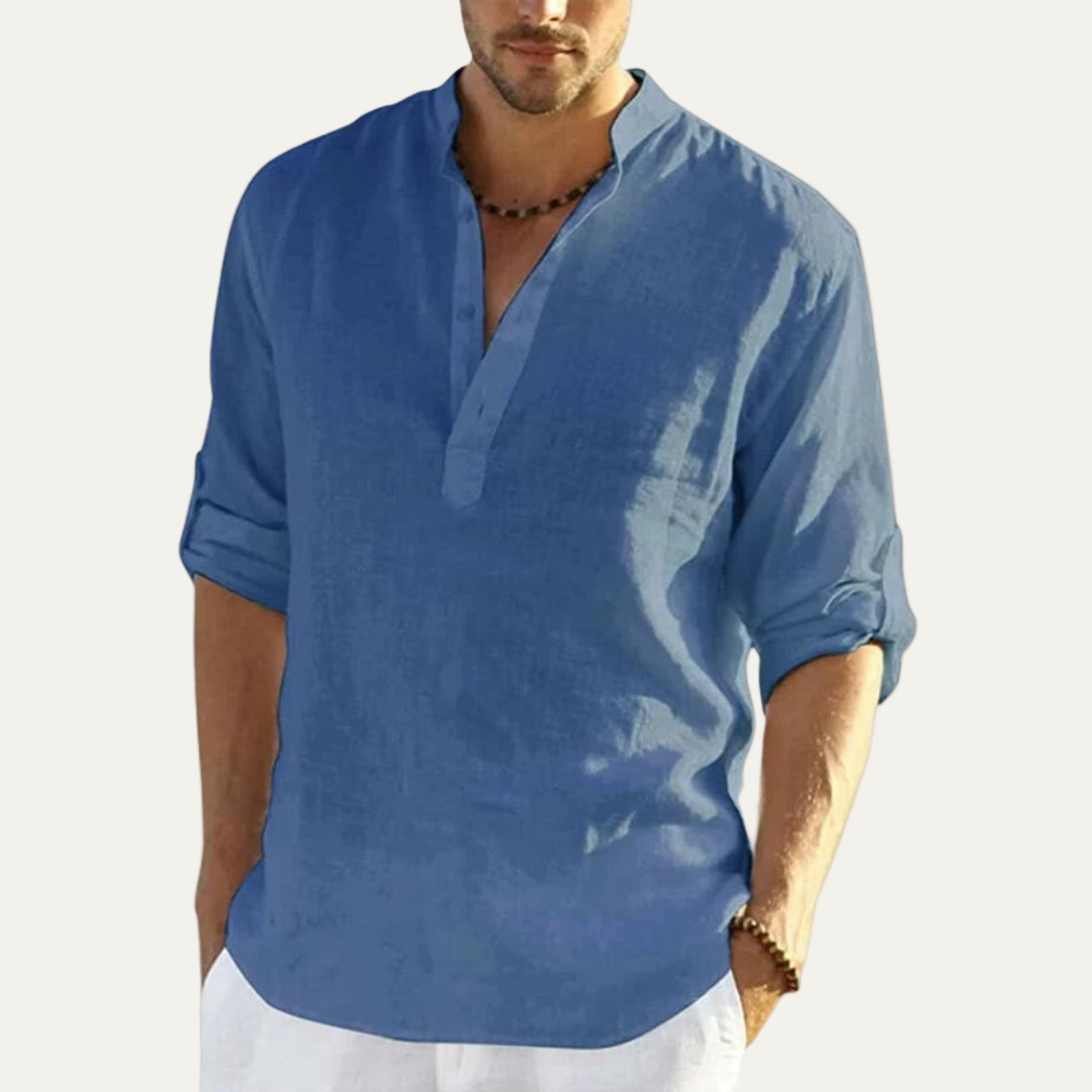 Mens Linen Shirt Collarless Placket Style