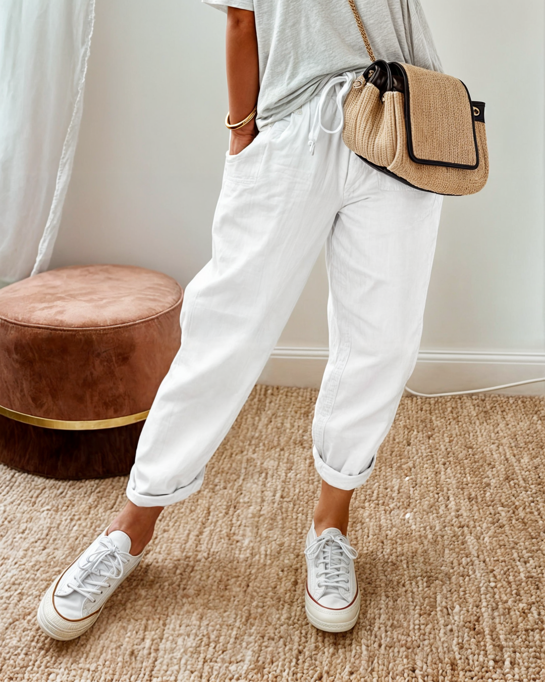Mens Linen Jogger Trousers Textured Drawstring Fit