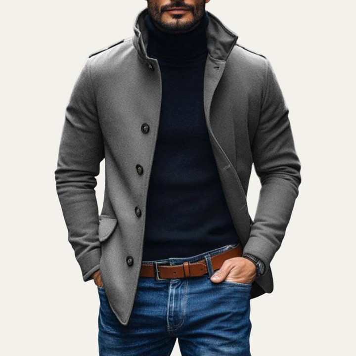 Mens Wool Coat Stand Collar Single Breasted