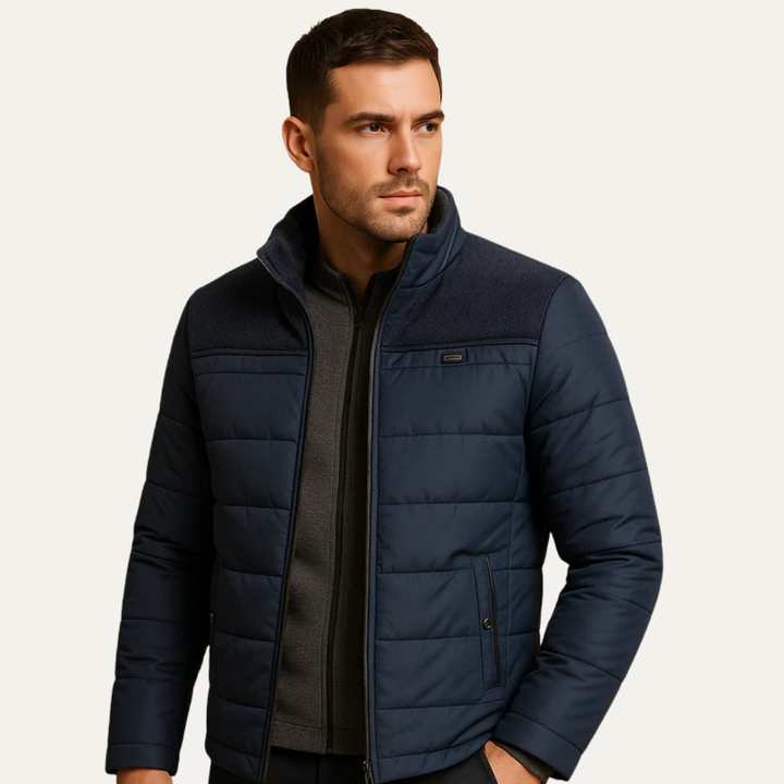 Mens Quilted Puffer Jacket Zip Front Textured Shoulders - BritishMode