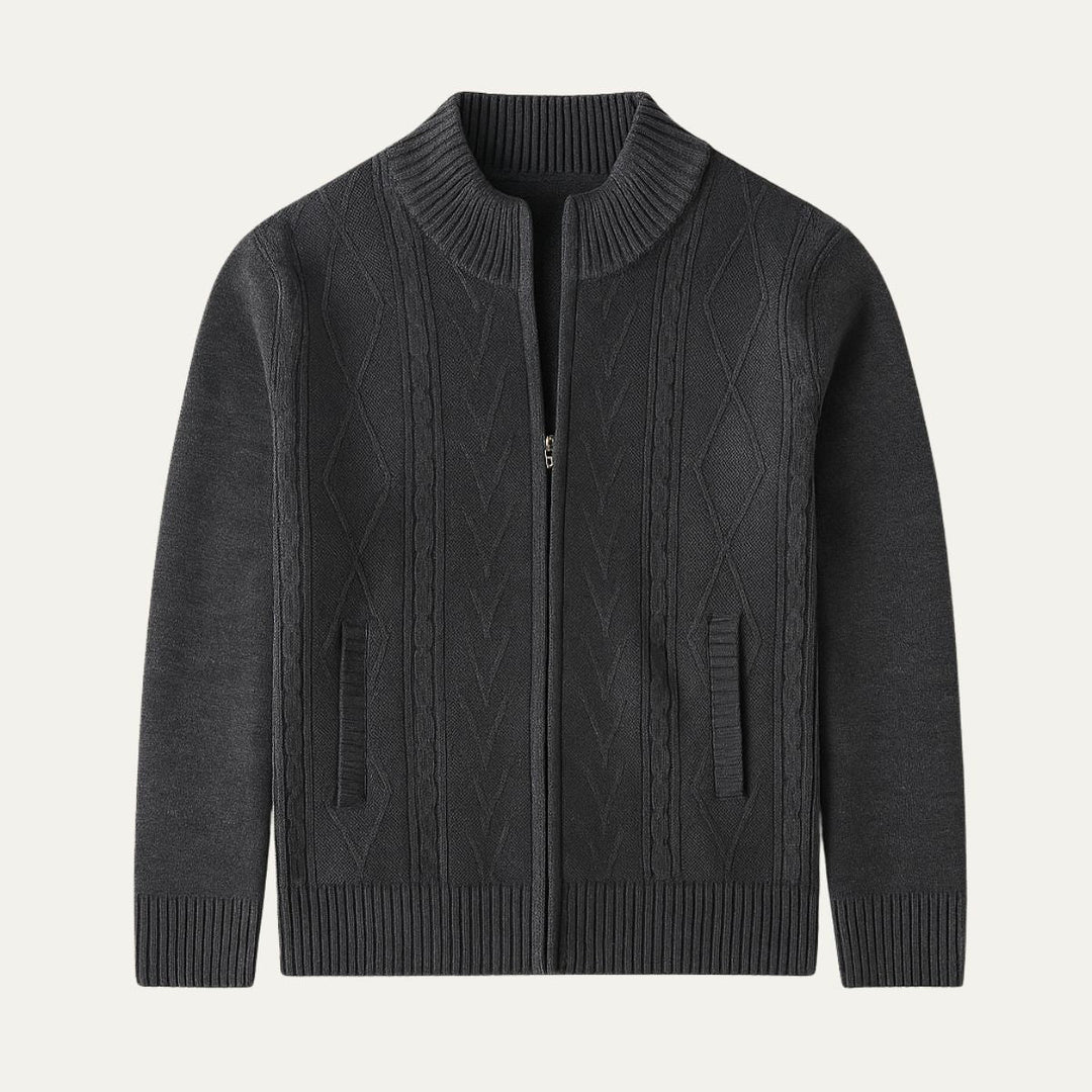 Mens Knit Cardigan Full Zip Cable and Diamond Pattern