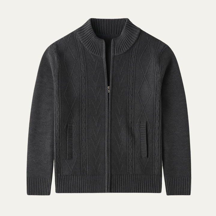 Mens Knit Cardigan Full Zip Cable and Diamond Pattern