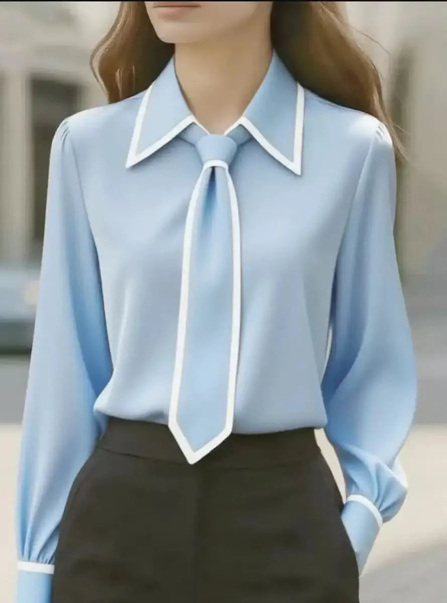 Womens Long Sleeve Blouse with Tie Neck and Contrast Collar