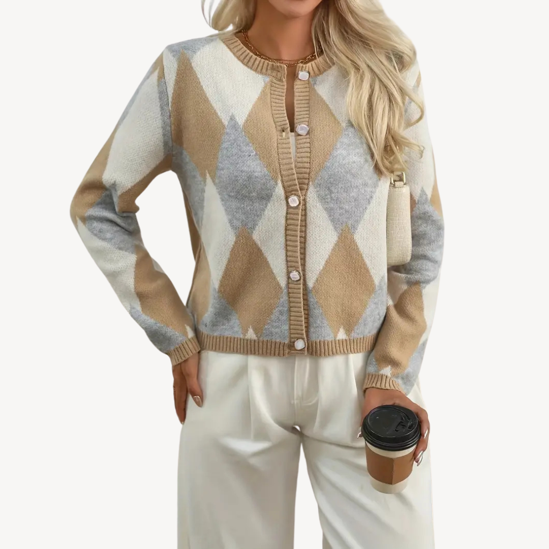 Womens Knit Cardigan Sweater Argyle Pattern - BritishMode