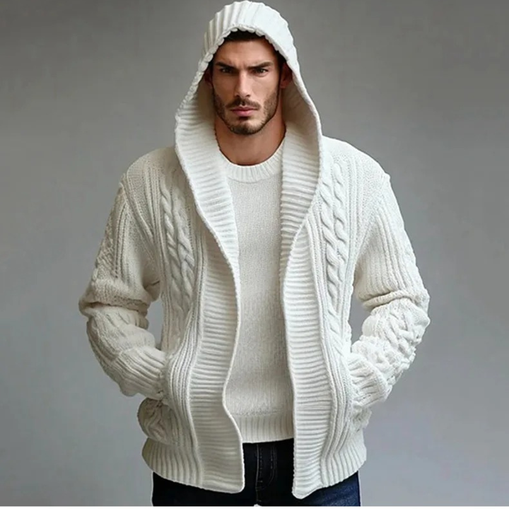 Mens Hooded Cable Knit Cardigan Winter Warm