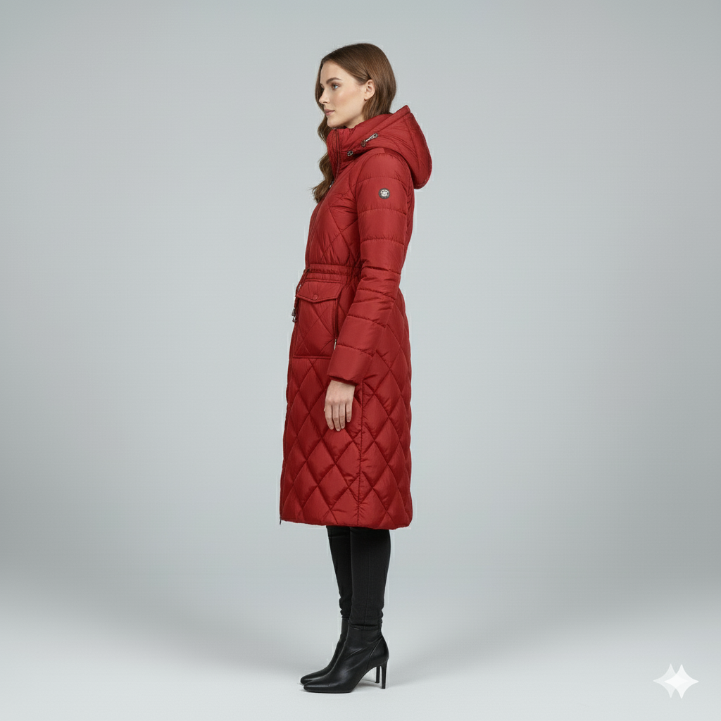 Womens Quilted Padded Jacket with Hood Knee-Length Fit