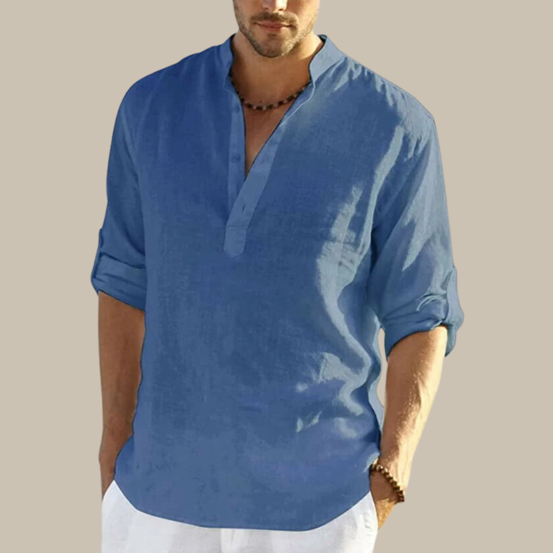Mens V-Neck Shirt with Mandarin Collar Lightweight Summer Fit