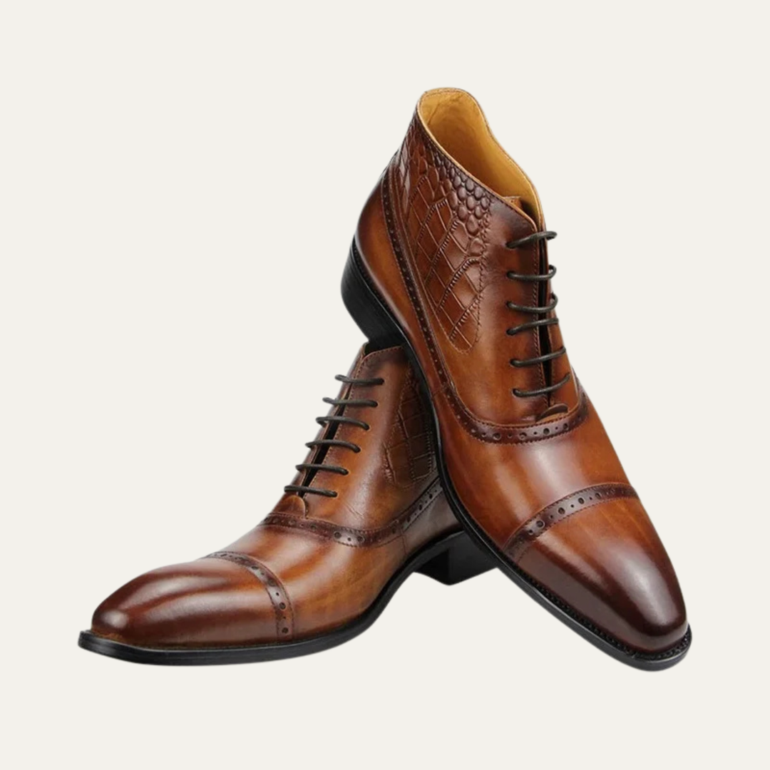 Mens Leather Brogue Dress Boots Lace-Up Ankle