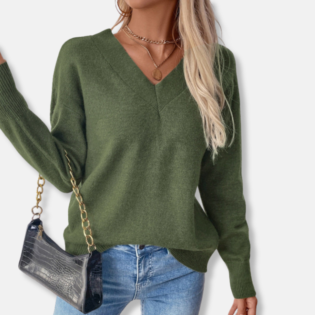 Womens Ribbed V-Neck Sweater Relaxed Fit Long Sleeve