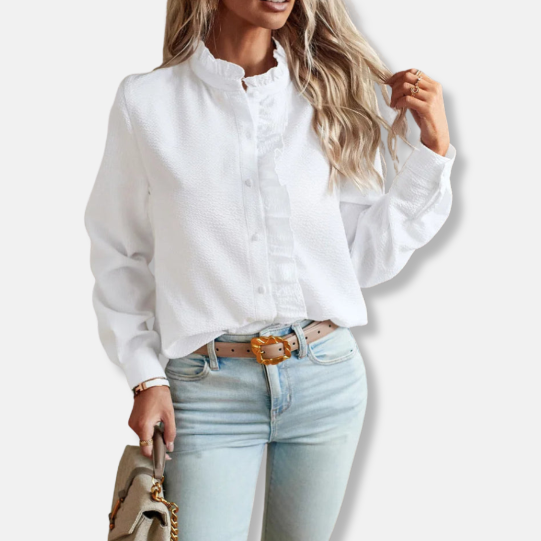 Womens Button-Front Blouse with Ruffles Long Sleeve