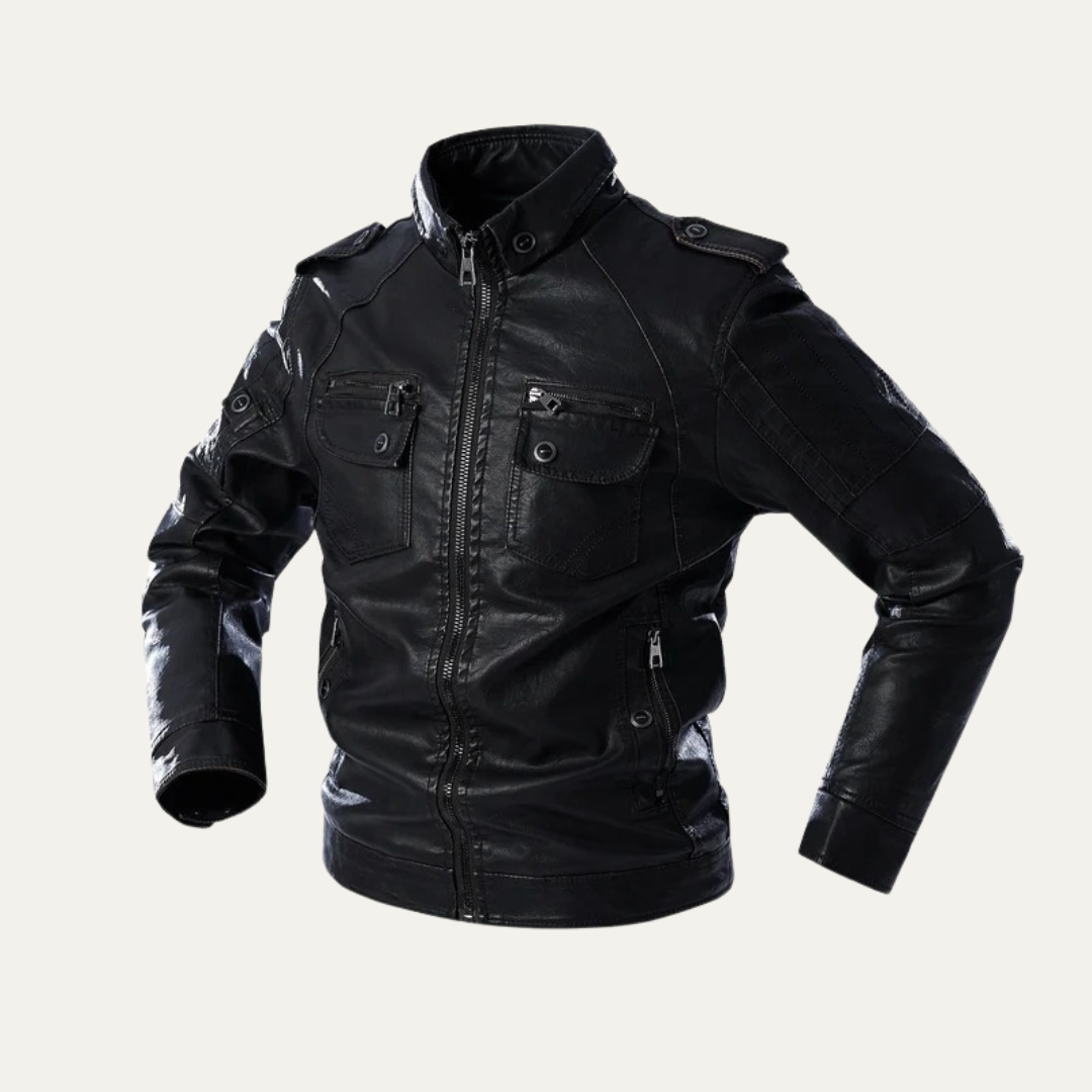Mens Leather Jacket Biker Style Multi Pocket