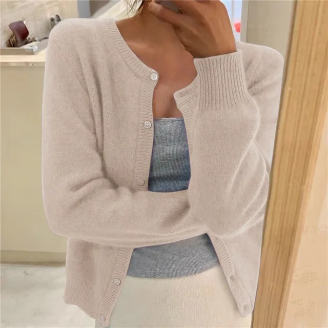 Womens Knit Cardigan Soft Fabric Round Neck Long Sleeve
