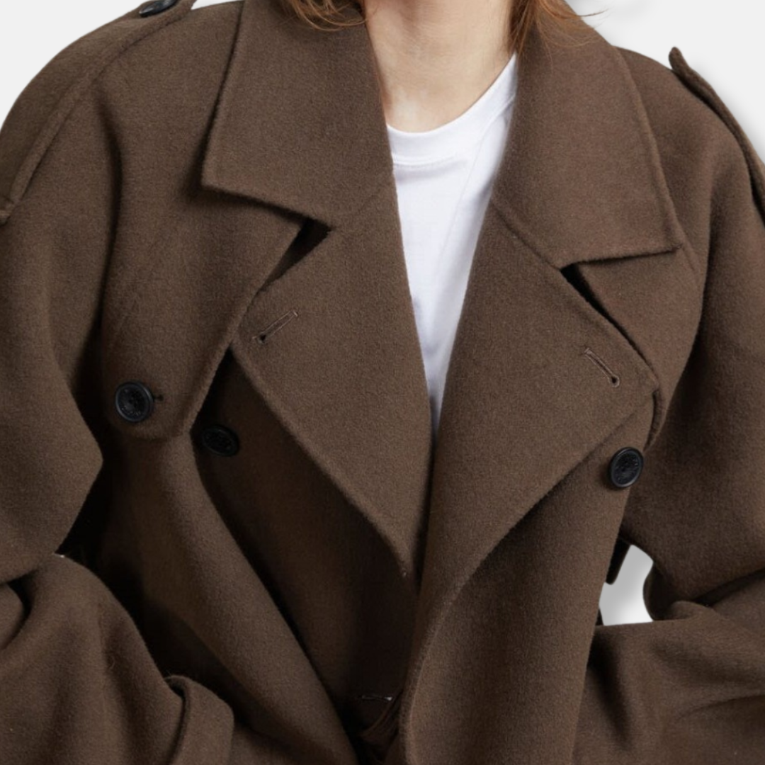 Womens Trench Coat Wool Blend Oversized Double Breasted Belted